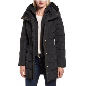 Cole Haan Womens Black Quilted Puffer Hooded Down Feather Winter Coat Sz S New
